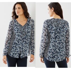 J. Jill Very Pretty Mixed Daisy Tie-Front Top Blouse Long Sleeves Size XL.